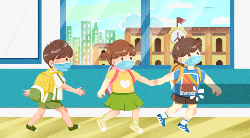 小学生戴口罩背书包上学插画-GIF动图图片素材