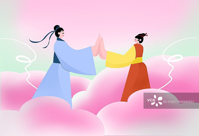古风七夕情人节牛郎织女相会图片素材