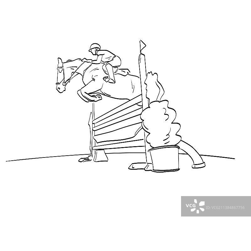 年轻女孩骑着枣色马跳跃图片素材