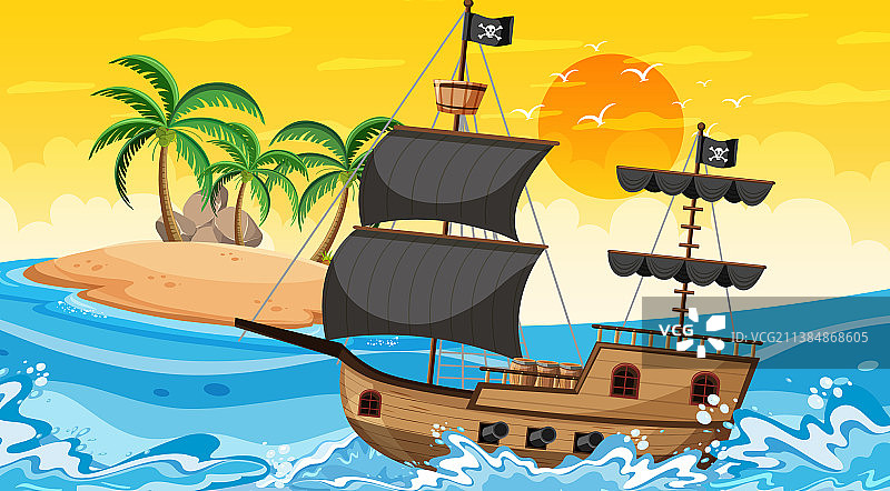 日落时分的海洋海盗船场景图片素材