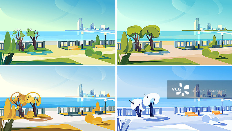 一年中不同时节的城市堤岸图片素材