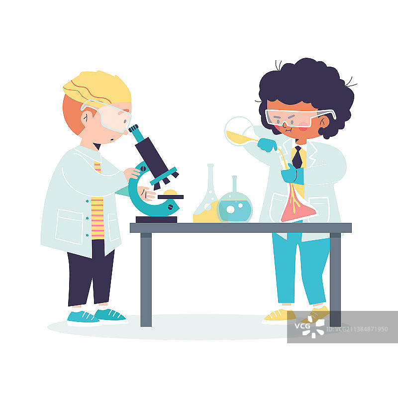 使用显微镜的儿童化学家图片素材