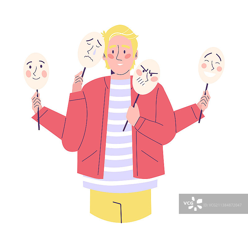 戴着许多虚假情感面具的男人概念图图片素材