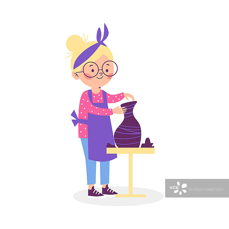 女童陶艺家制作陶瓷罐扁平插画图片素材