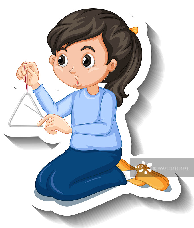 演奏三角铁的女孩卡通贴纸图片素材