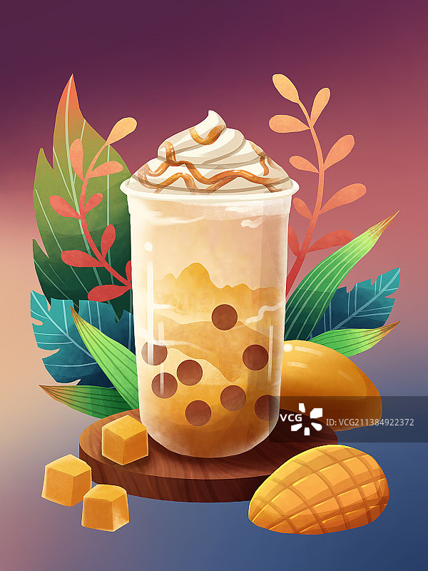 手绘小清新芋泥奶茶芒果水果插画图片素材