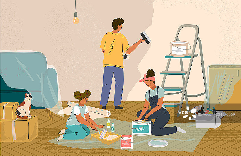 家庭共同维修房屋和粉刷墙壁图片素材
