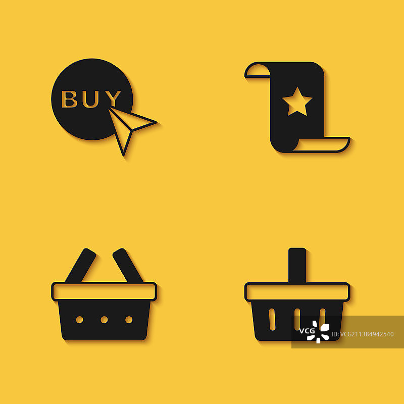 购买按钮、购物篮与纸质清单图片素材