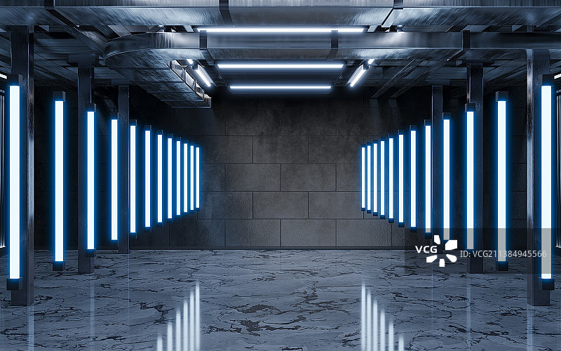 黑暗室内霓虹灯光3D渲染图片素材