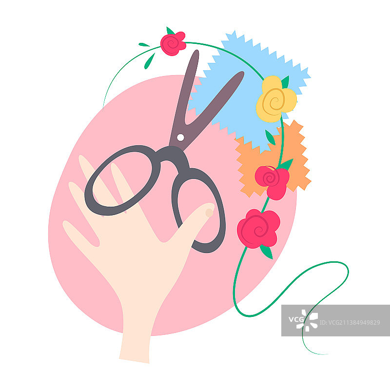 女人手拿剪刀、布料和鲜花图片素材