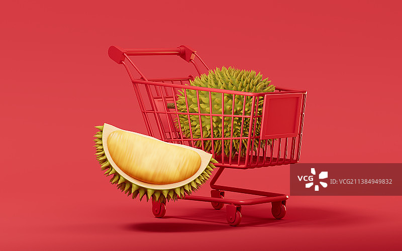 购物车里的榴莲3D渲染图片素材