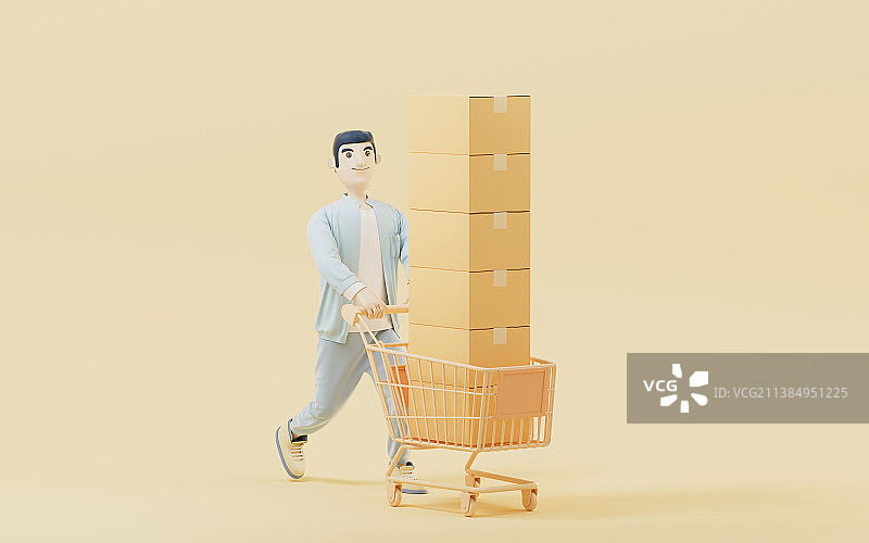 推着购物车的卡通男性3D渲染图片素材