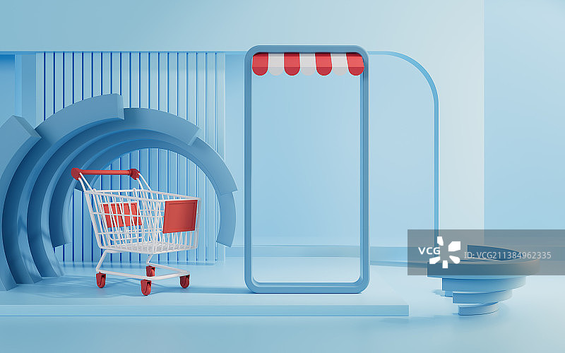 创意电商场景与购物车3D渲染图片素材