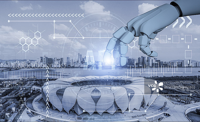 机器人手触摸城市网络数据图片素材