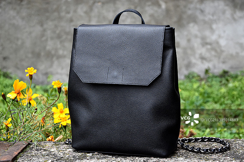 真皮黑色双肩包，时尚女包图片素材