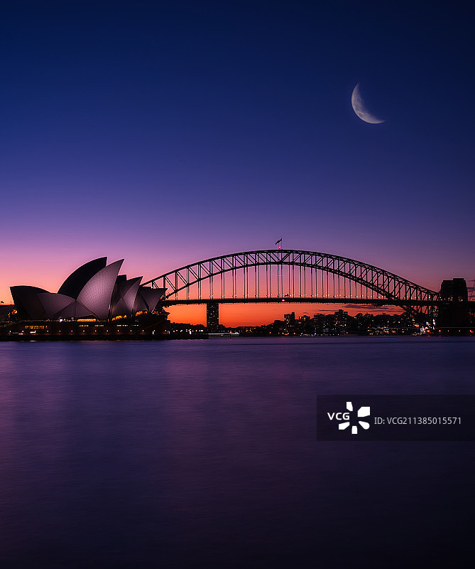 悉尼港日落夜景：新南威尔士州桥梁风光图片素材