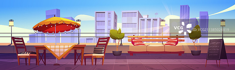 城市背景下的屋顶露台餐厅图片素材