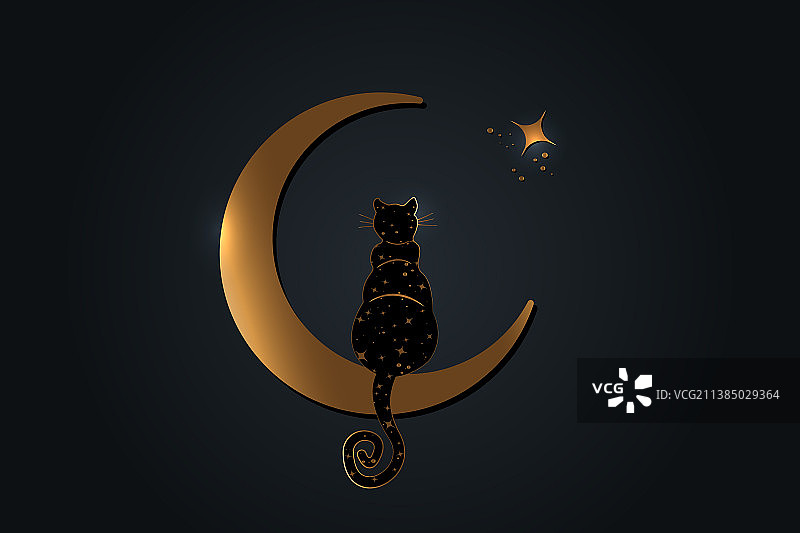 坐在新月上的黑猫波西米亚风格图片素材