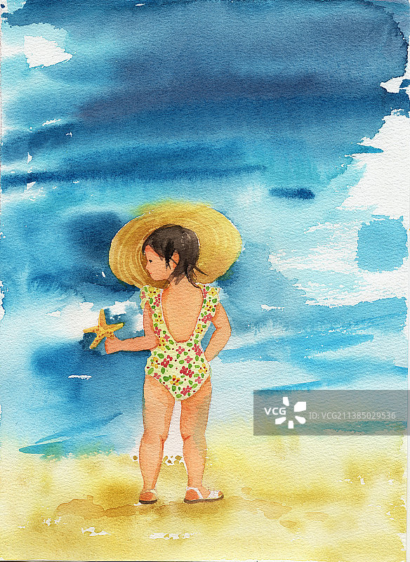 海边女孩泳衣手绘女童插画大海沙滩女孩清新插画图片素材