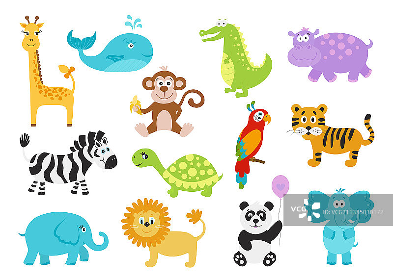 一套用于婴儿服装的可爱卡通动物图片素材