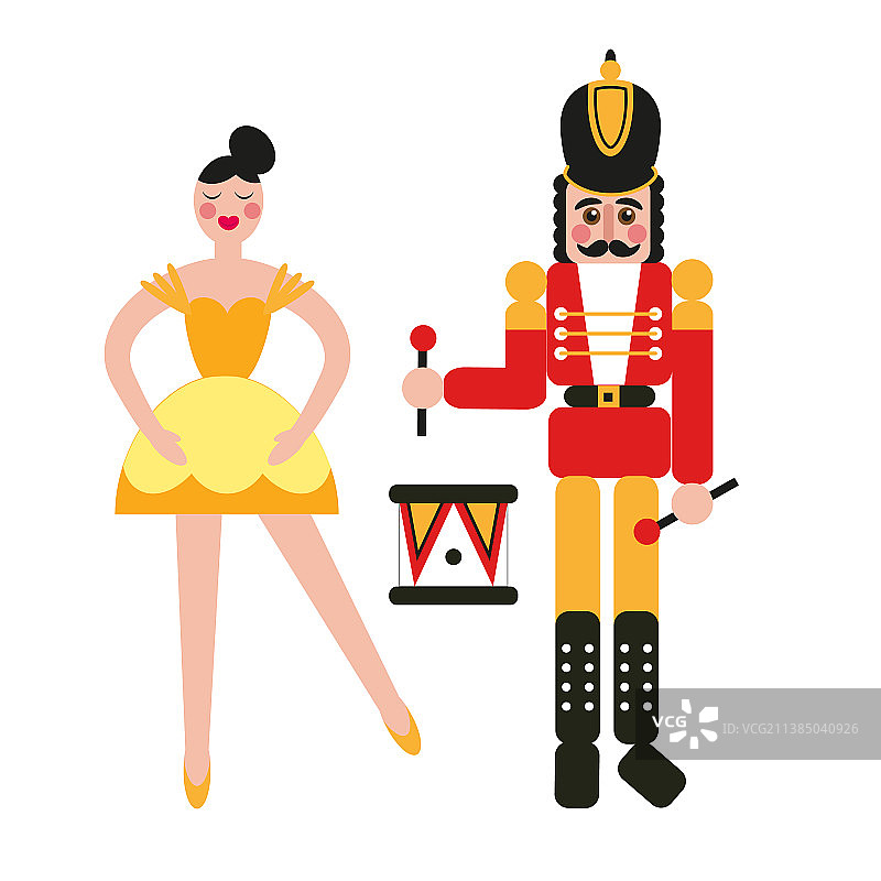胡桃夹子士兵与芭蕾舞女孩复古插画图片素材