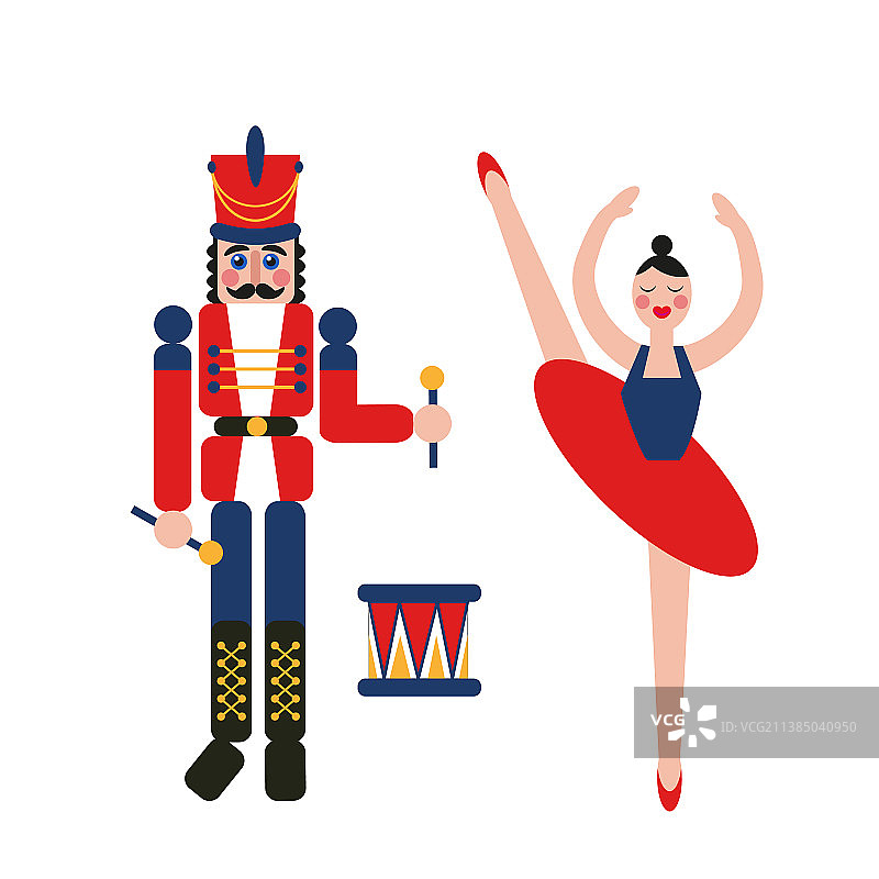 胡桃夹子士兵与芭蕾舞女孩复古插画图片素材