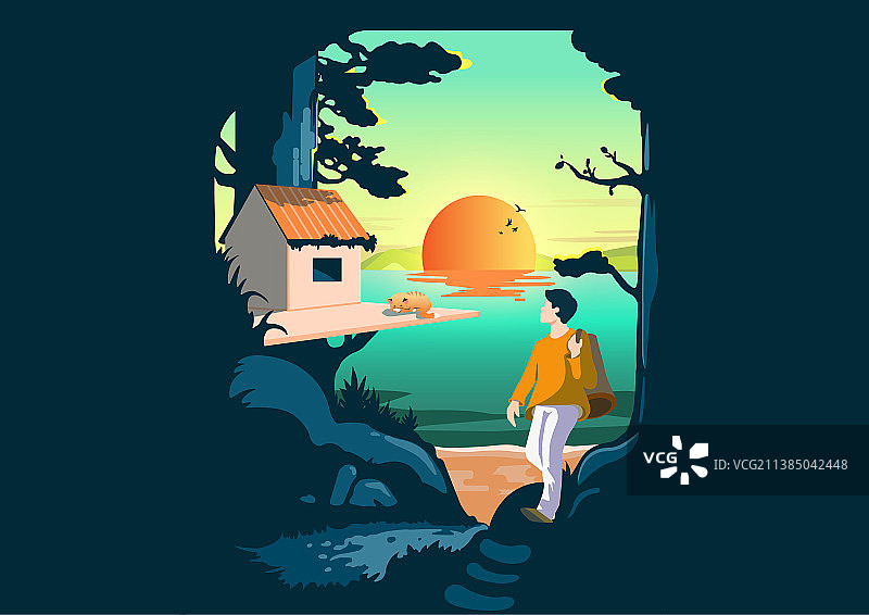 森林日出横版插画图片素材