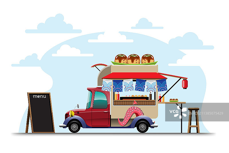 带有章鱼烧店日式装饰的美食餐车图片素材
