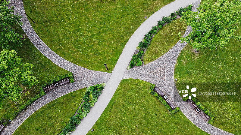 拉脱维亚库尔迪加，人行道周围田野上生长的树木高角度景观图片素材