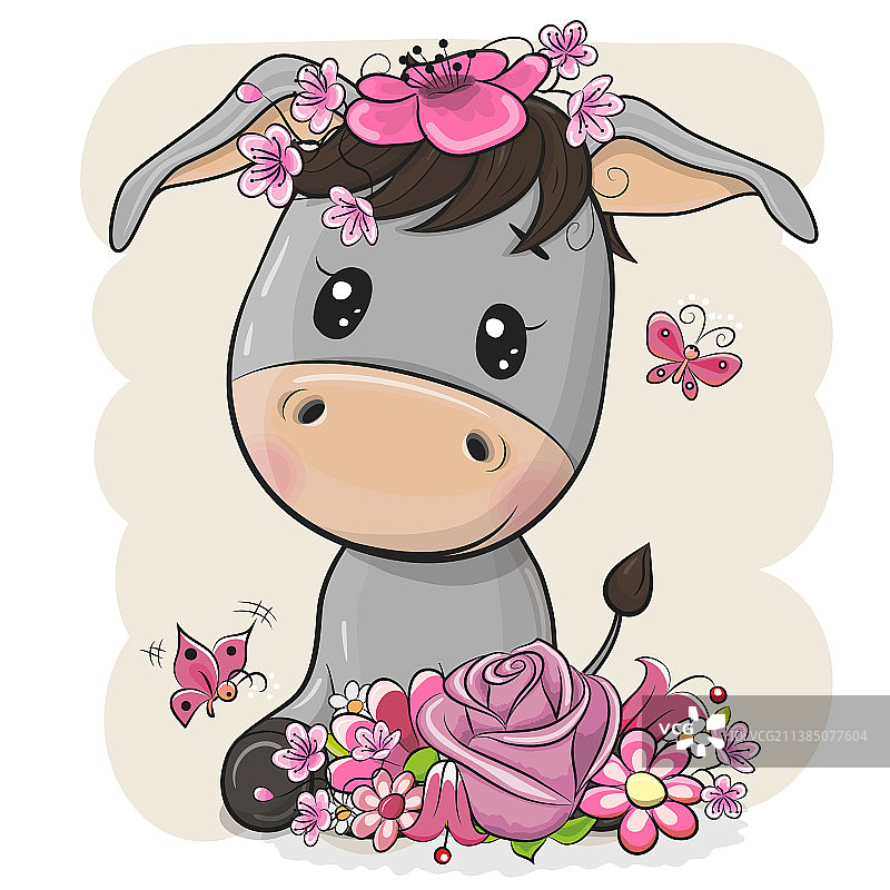 卡通驴和鲜花，白色背景图片素材