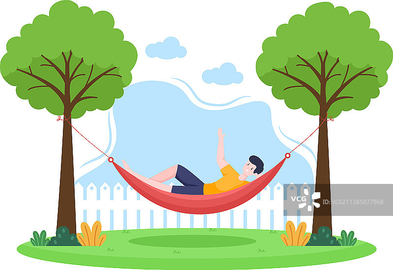 人们躺在公园吊床上（扁平卡通风格）图片素材