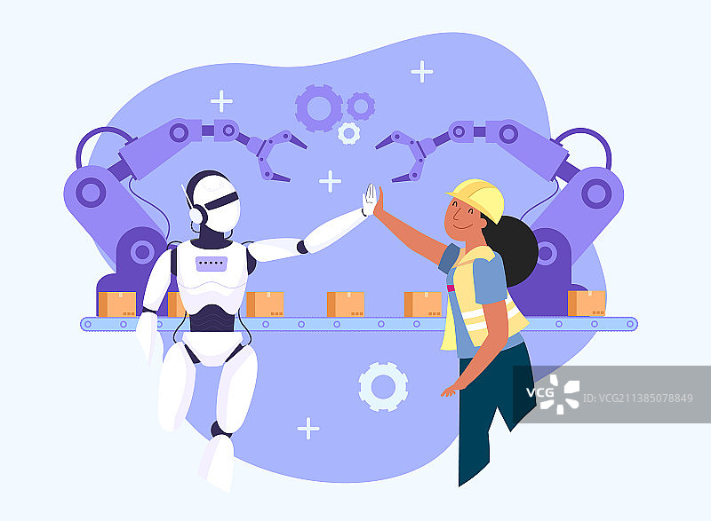 工人和机器人击掌庆祝图片素材