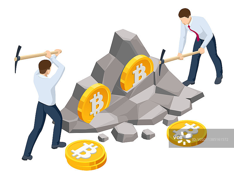 矿工在金色比特币上挖掘图片素材