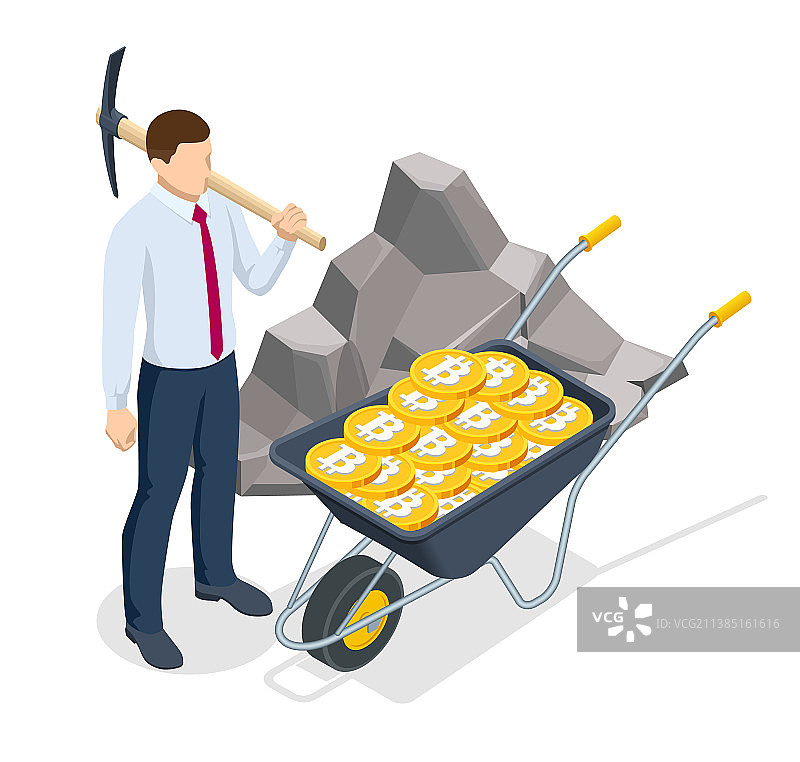 矿工在金色比特币上挖掘图片素材