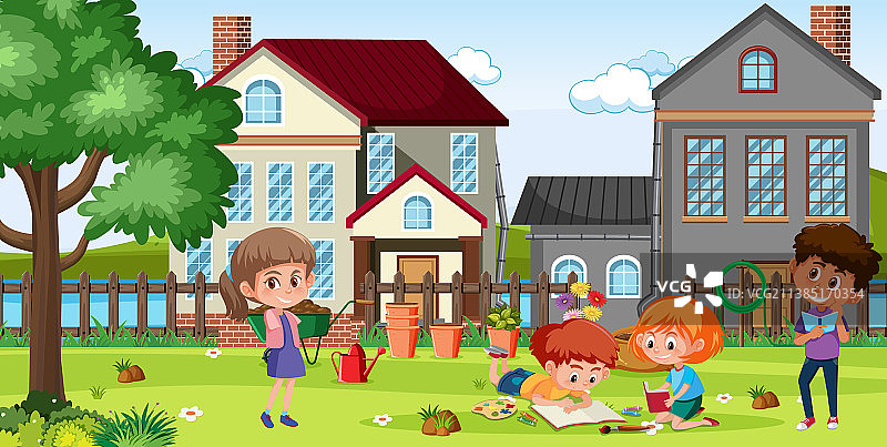 在院子里玩耍的快乐孩子们图片素材
