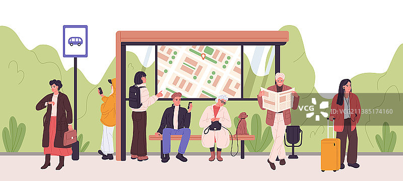 在现代公交车站等候公共交通的人们图片素材