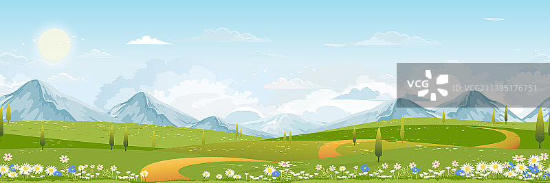 春季绿色田野风景无缝图案图片素材