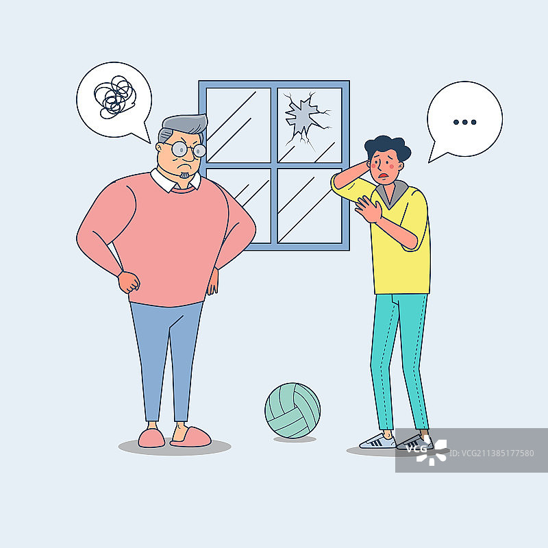 愤怒的男人责骂打破窗户玻璃的年轻男孩图片素材