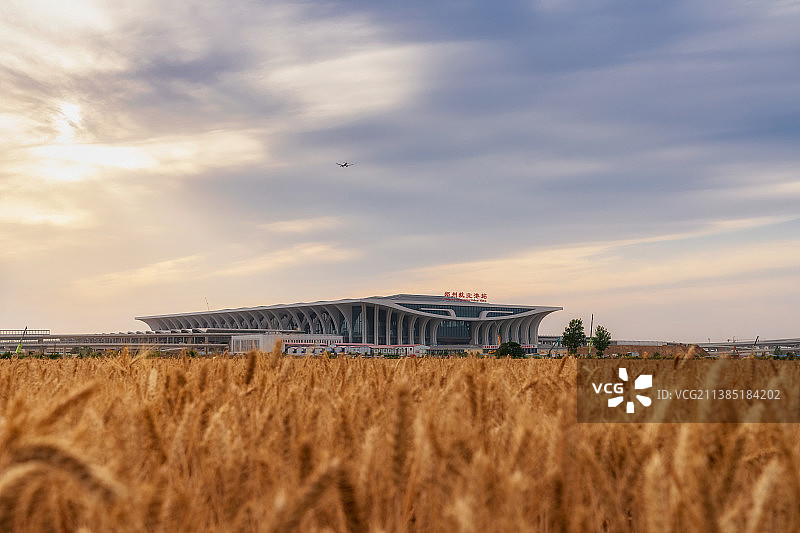 河南郑州高铁站郑州航空港站（原郑州南站）站房与麦田夏季户外风光图片素材