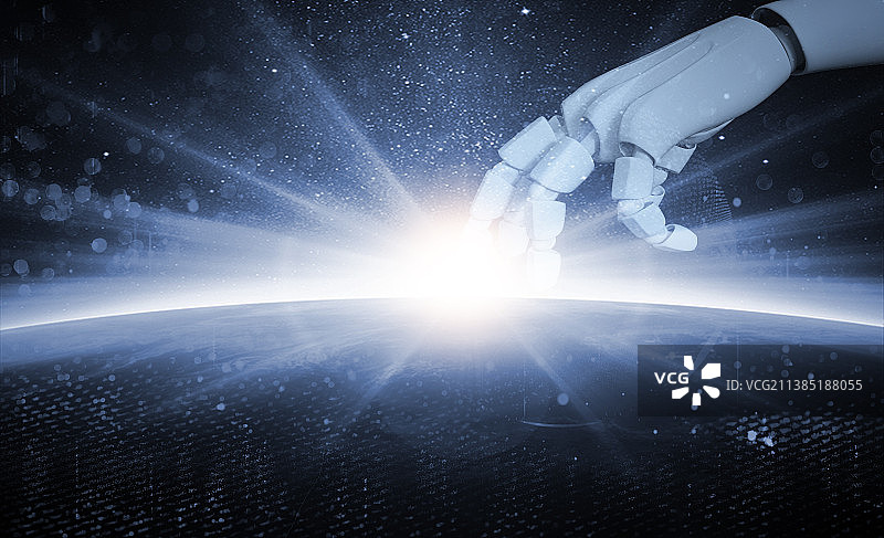 机器人手触摸城市网络数据图片素材