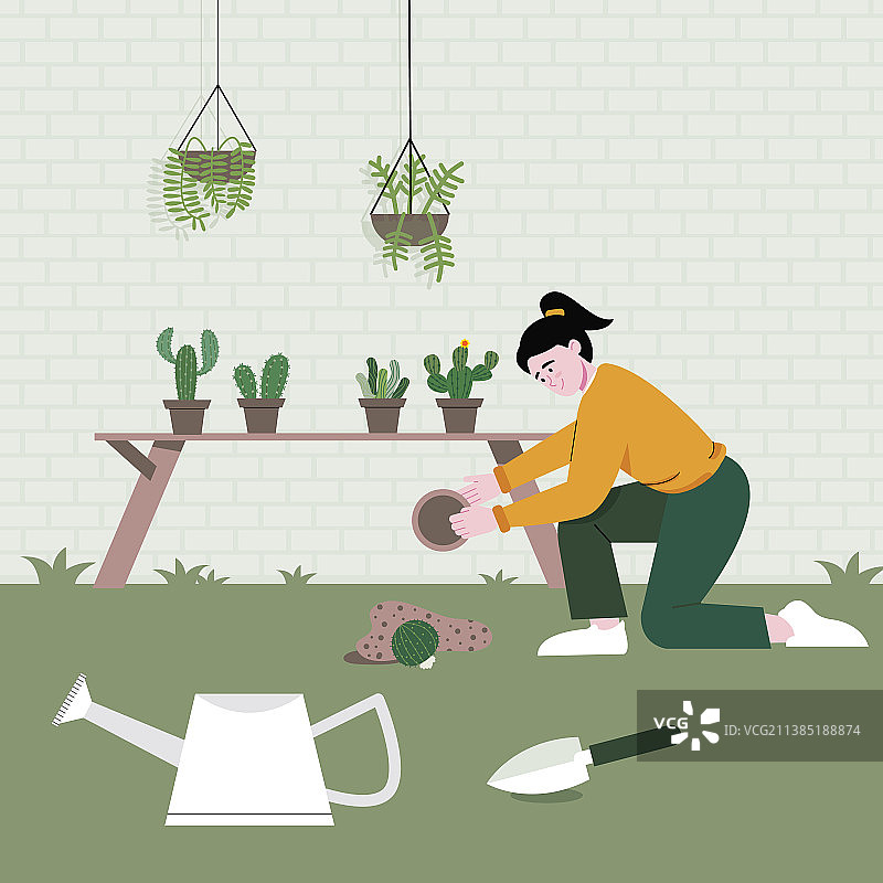 女孩在花园里修剪植物图片素材