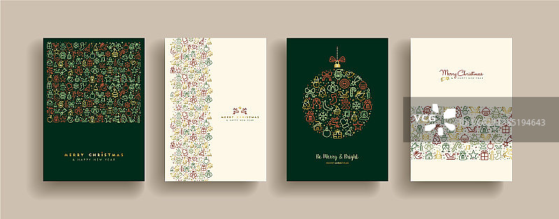 圣诞新年金色冬季轮廓图标集图片素材