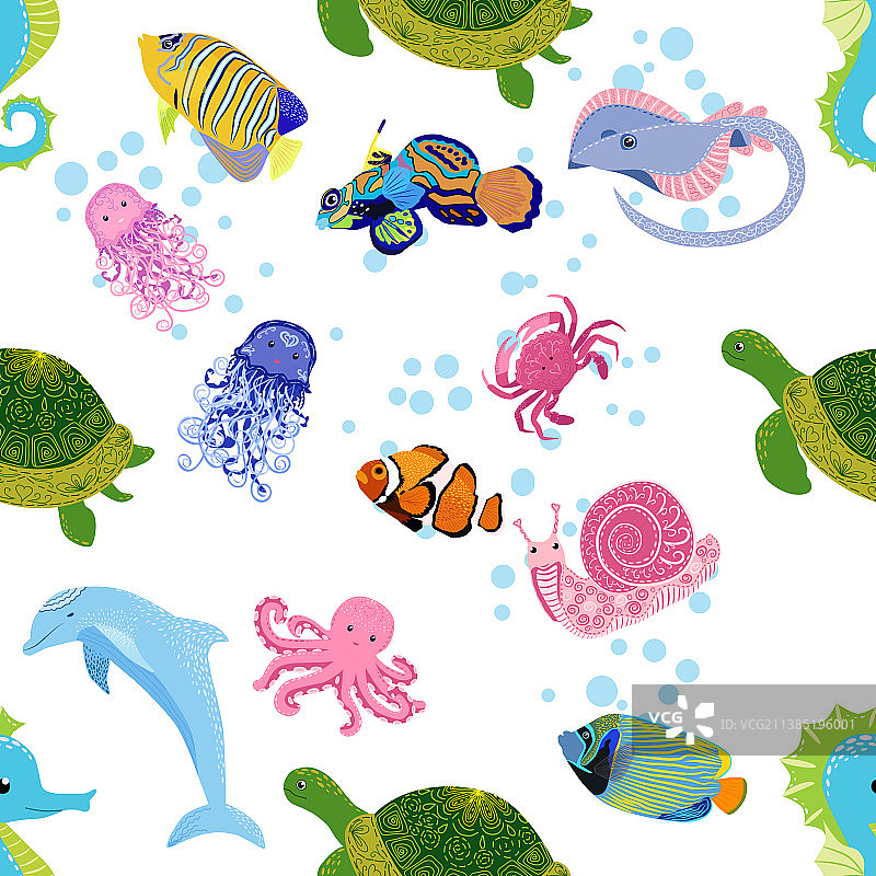 海洋生命鱼动物明亮无缝图案图片素材