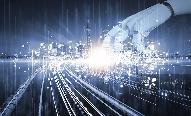 机器人触摸上海大数据科技智慧互联网城市图片素材