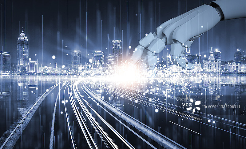 机器人触摸上海大数据科技智慧互联网城市图片素材