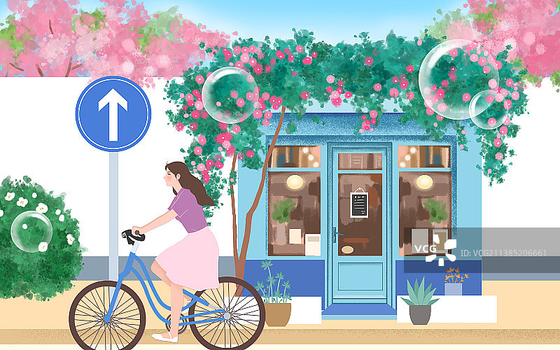 女孩骑车街边文艺小店蔷薇花开图片素材