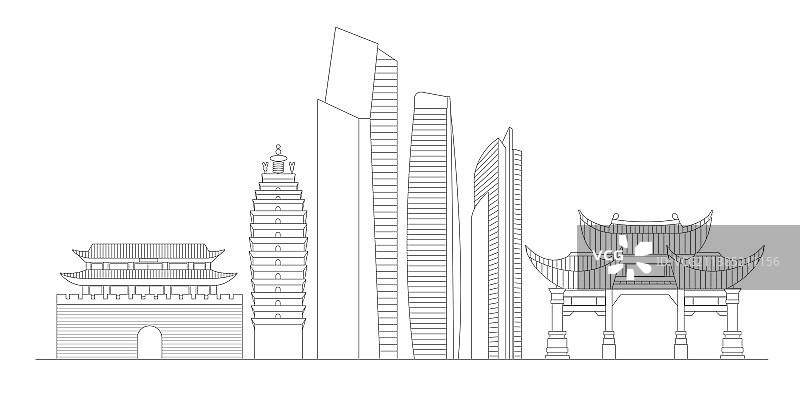 昆明地标建筑描边插画图片素材