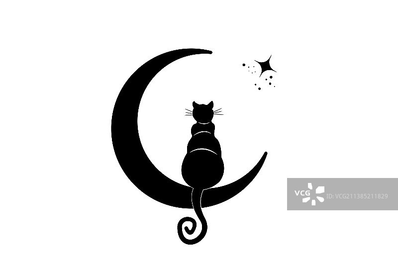 坐在新月和星星上的黑猫图片素材