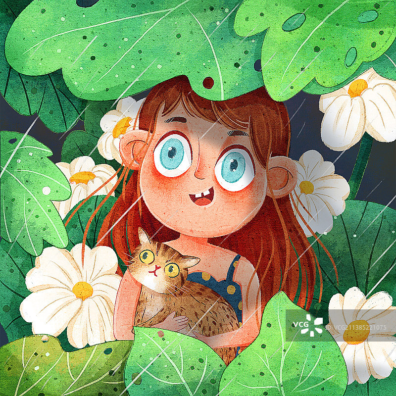 儿童插画抱着猫咪的小女孩图片素材