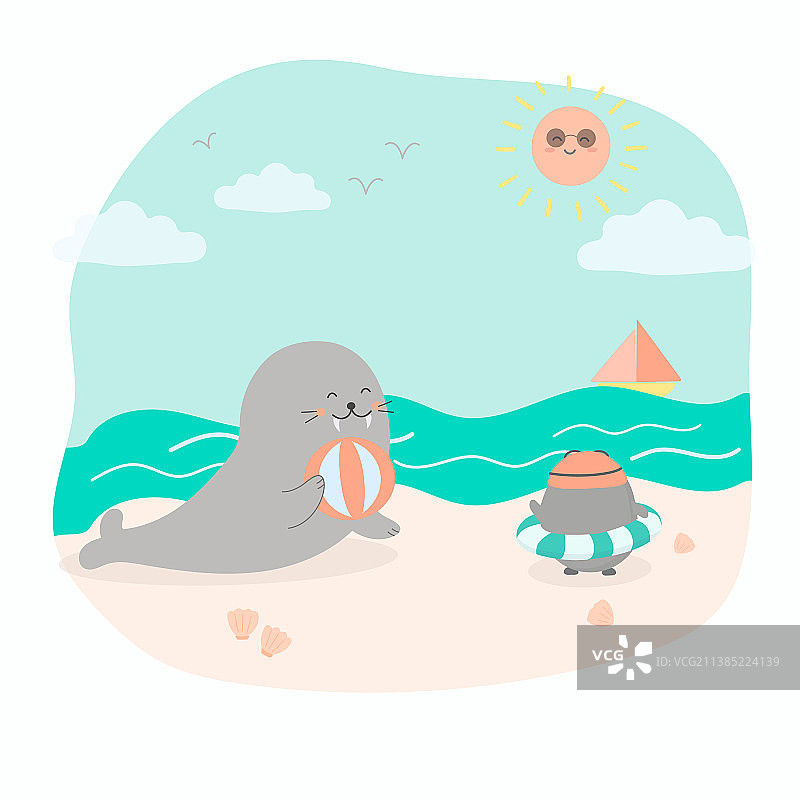 海豹和企鹅在沙滩上玩球图片素材